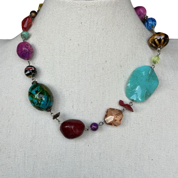 Vintage Multicolor Beaded Necklace Statement Art Glass Turquoise Boho Chunky - Picture 3 of 6